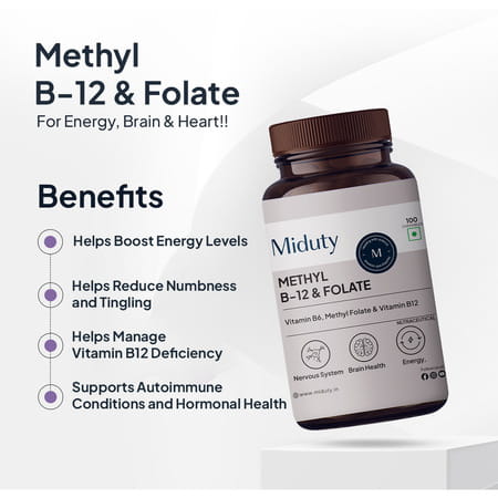 Miduty Vitamin B12 - Methyl Folate - Fast Absorption Methylcoblamin- Vitamin B6 - 100 Chewables