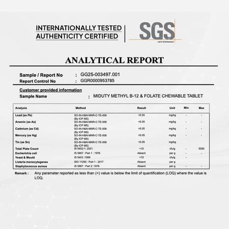 Miduty Vitamin B12 - Methyl Folate - Fast Absorption Methylcoblamin- Vitamin B6 - 100 Chewables