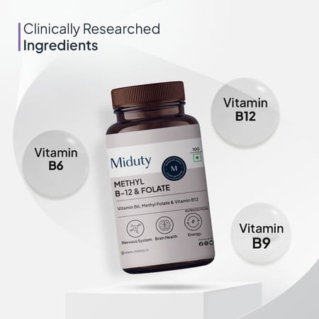 Miduty Vitamin B12 - Methyl Folate - Fast Absorption Methylcoblamin- Vitamin B6 - 100 Chewables
