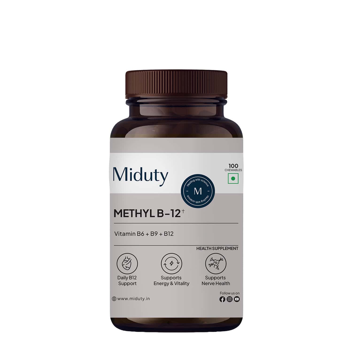 Miduty Vitamin B12 | Bioactive B-complex With B6 & B9 | Energy | Brain & Nerve - 100 Chewables
