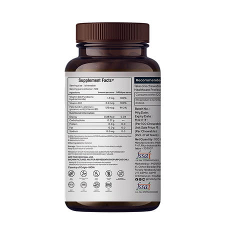 Miduty Vitamin B12 | Bioactive B-Complex With B6 & B9 | Energy | Brain & Nerve - 100 Chewables