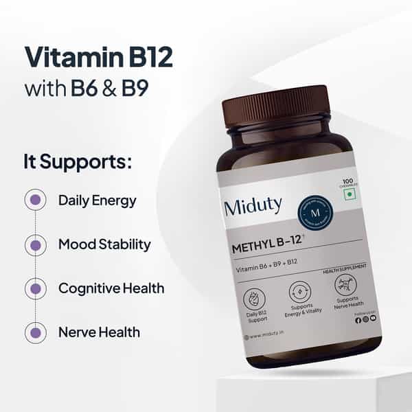 Miduty Vitamin B12 | Bioactive B-Complex With B6 & B9 | Energy | Brain & Nerve - 100 Chewables