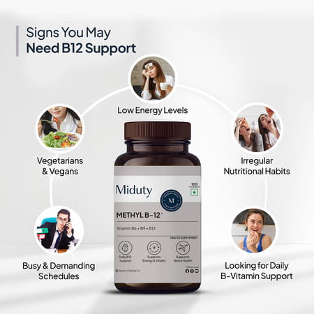 Miduty Vitamin B12 | Bioactive B-Complex With B6 & B9 | Energy | Brain & Nerve - 100 Chewables