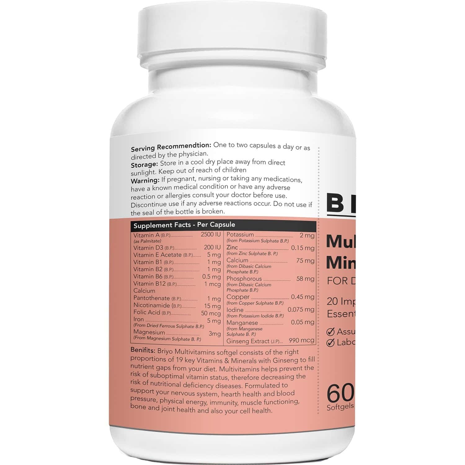 Buy BRIYO SUPPLEMENTS DAILY MULTIVITAMINS & MINERALS + GINSENG 1X(60