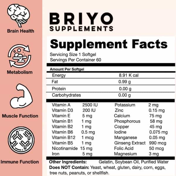 Briyo Supplements- Daily Multivitamins & Minerals + Ginseng - 1X(60 Softgels)