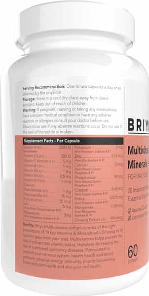 Briyo Supplements- Daily Multivitamins & Minerals + Ginseng - 1X(60 Softgels)