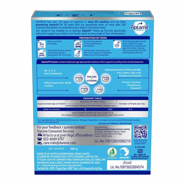 Aptamil Premium | 2 Follow Up Formula | From 6 To 12 Months | Box 400 Gm