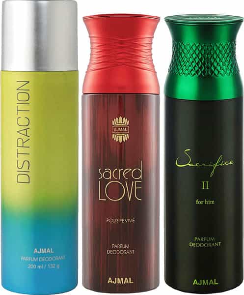 Ajmal 1 Distraction For Unisex 1 Sacred Love For Women 1 Sacrifice Ii For Men Pack Of 3 Deos- 600Ml