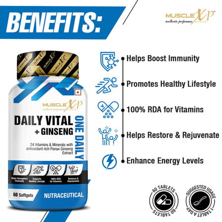 Musclexp One Daily Vital+ Ginseng Multivitamin With 24 Vitamins & Minerals+Panax Ginseng 60 Softgels