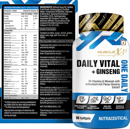 Musclexp One Daily Vital+ Ginseng Multivitamin With 24 Vitamins & Minerals+Panax Ginseng 60 Softgels