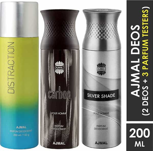 Ajmal 1 Distraction For Unisex 1 Ajmal Carbon & 1Silver Shade For Men Deodorant Combo Pack 3-600Ml