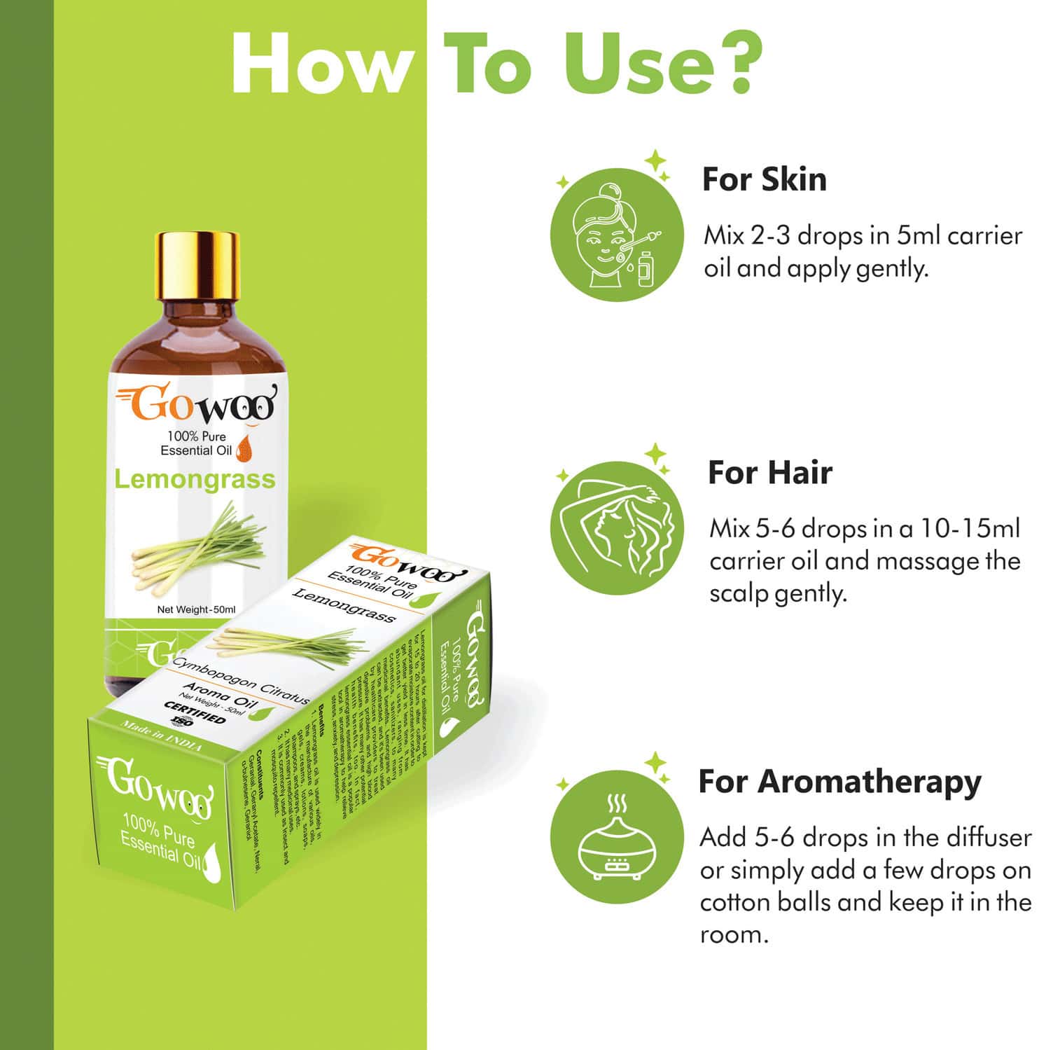 Buy GO WOO 100 VIRGIN LEMONGRASS ESSENTIAL OIL 50 ML Online & Get Upto