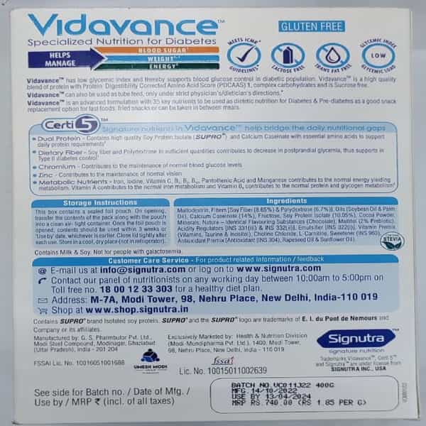 Vidavance Nutrition For Diabetes Chocolate Flavour Powder - 400G Refill