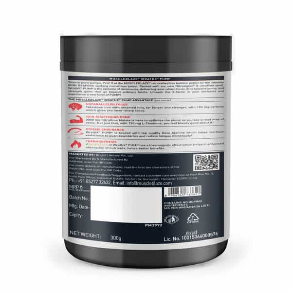 Muscleblaze Pre Workout Wrathx Pump | Nitrosigine & L-Citrulline - Citrus Blast | 300G | 30 Servings