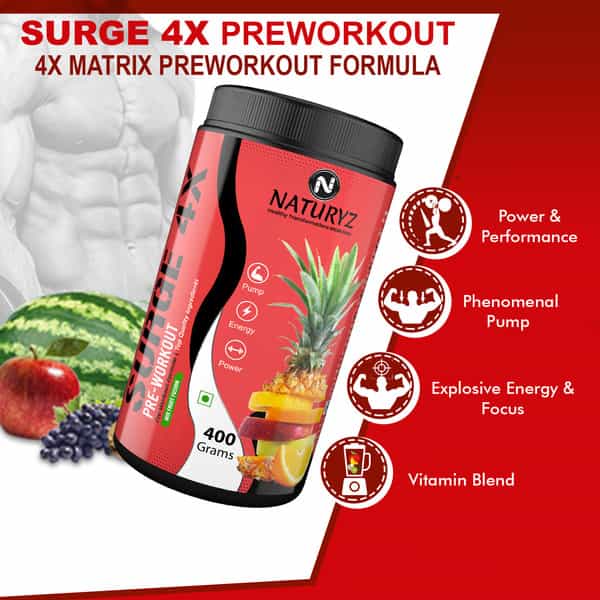 Naturyz Surge 4X Pre Workout Supplement With Beta-Alanine | L-Citrulline & 11 Nutrients (400 Grams)
