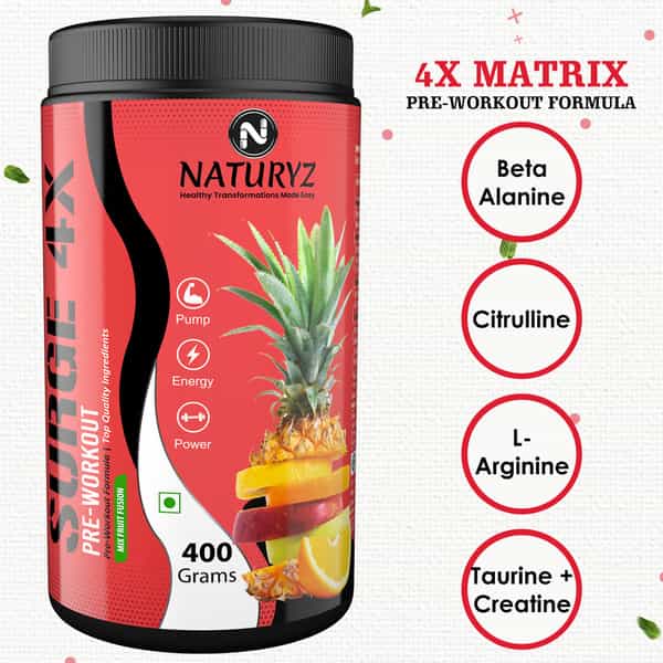 Naturyz Surge 4X Pre Workout Supplement With Beta-Alanine | L-Citrulline & 11 Nutrients (400 Grams)