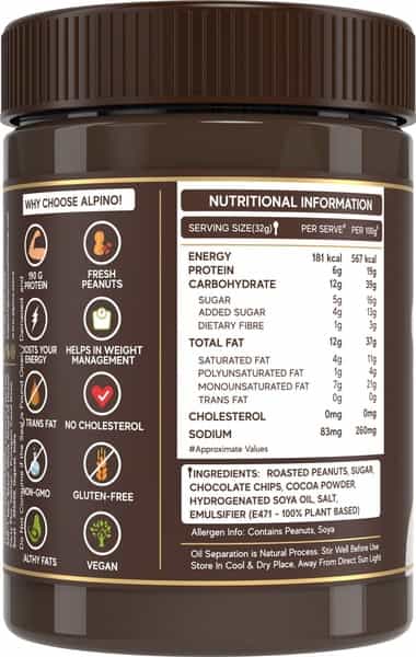 Alpino Chocolate Peanut Butter Smooth 400G Jar - Creamy - High Protein Peanut Butter Vegan