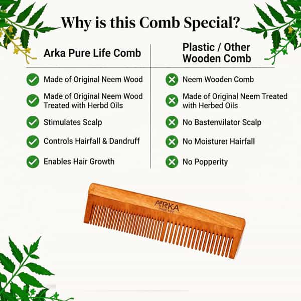 Arka Pure Life Premium Kacchi Neem Wood Comb For Hair Growth & Hairfall Control (Pack Of 1)