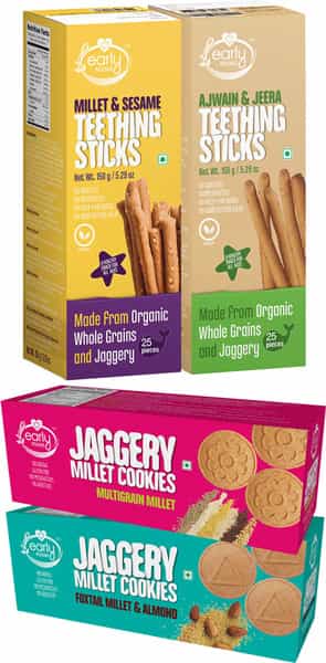 Early Foods Assorted Pack Of 4 Organic Kids Snacks (Millet & Ajwain Sticks + Multigrain & Amaranth)