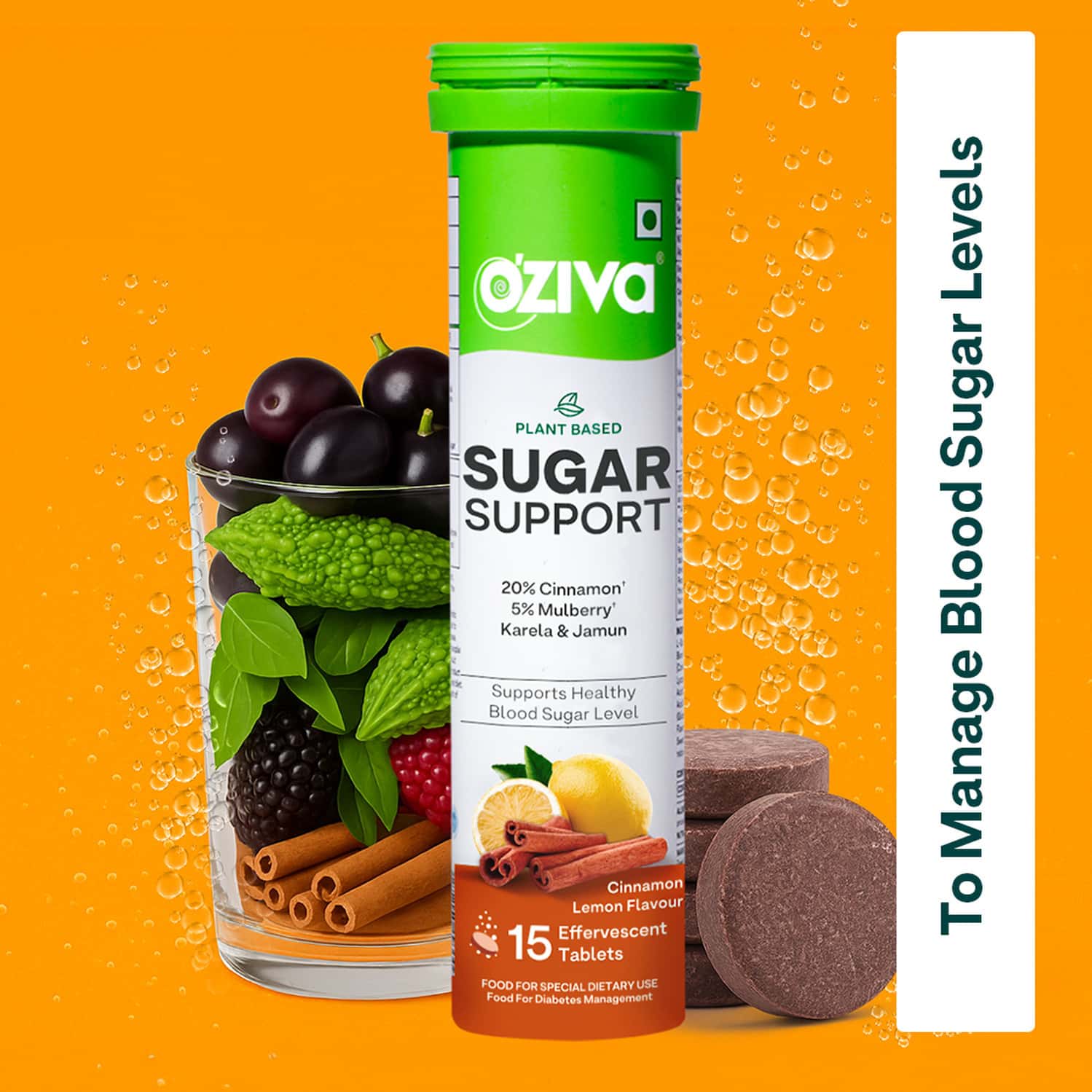 Oziva Sugar Support| Daily Blood Sugar Support For Diabetes & Sugar Control | 15 Effervescent Tablet