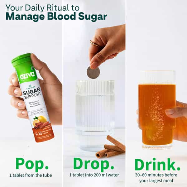 Oziva Sugar Support| Daily Blood Sugar Support For Diabetes & Sugar Control | 15 Effervescent Tablet