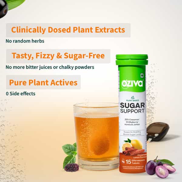 Oziva Sugar Support| Daily Blood Sugar Support For Diabetes & Sugar Control | 15 Effervescent Tablet
