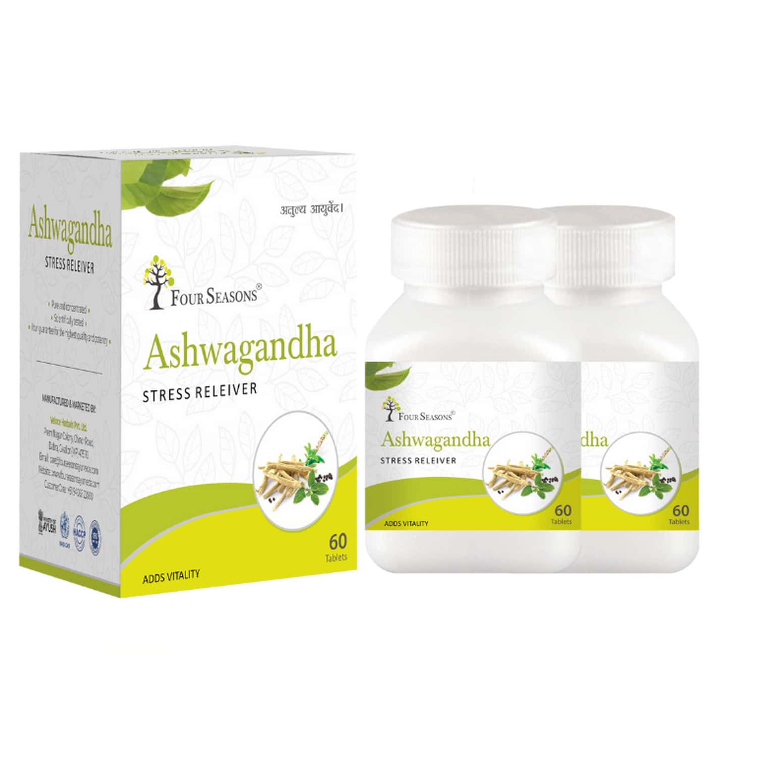 Four Seasons Ashwagandha Tablet - 60 Tabs | Stress Relief | Rejuvenates Mind & Body (pack Of 2)
