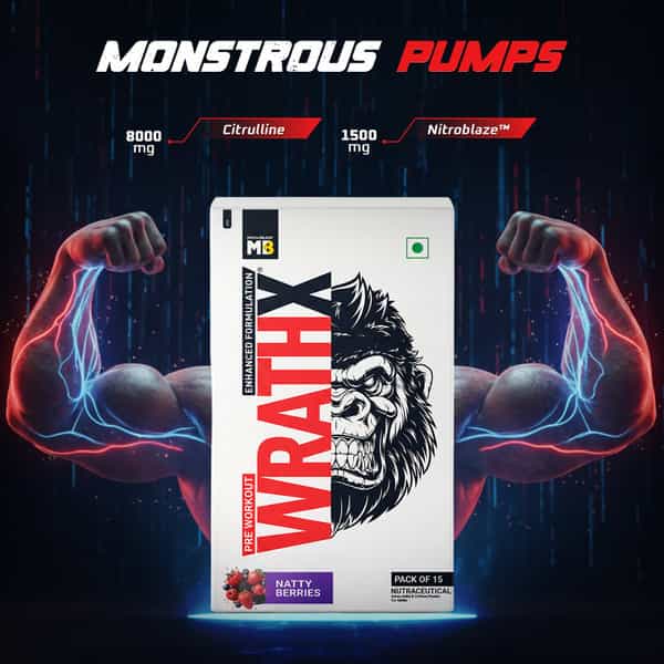 Muscleblaze Pre Workout Wrathx Powder| Natty Berries| 270G | Crash Free With Caffeine & Citrulline