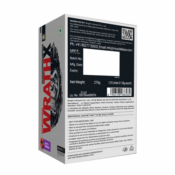 Muscleblaze Pre Workout Wrathx Powder| Natty Berries| 270G | Crash Free With Caffeine & Citrulline
