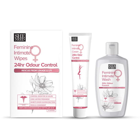 Sheneed Feminine Intimate24 Odor Control Combo: Wipes 10n | Wash 100ml | & Cream 30gm