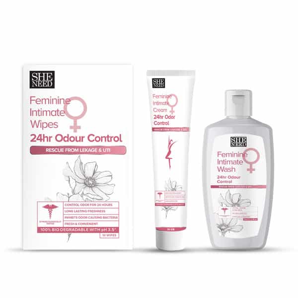 Sheneed Feminine Intimate24 Odor Control Combo: Wipes 10N | Wash 100Ml | & Cream 30Gm