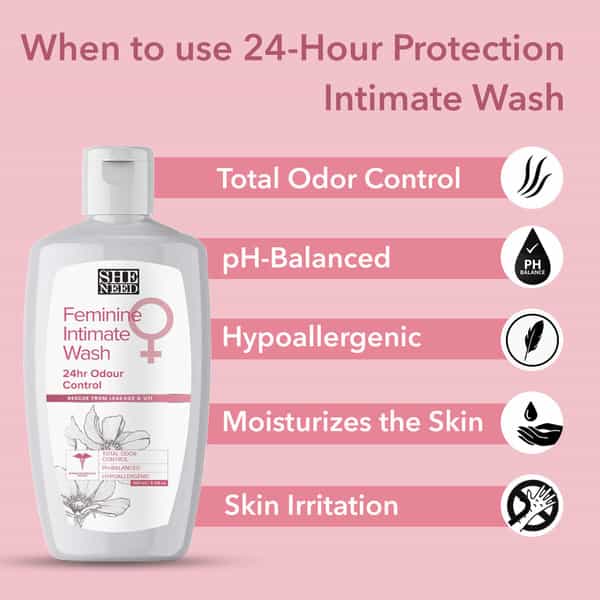 Sheneed Feminine Intimate24 Odor Control Combo: Wipes 10N | Wash 100Ml | & Cream 30Gm