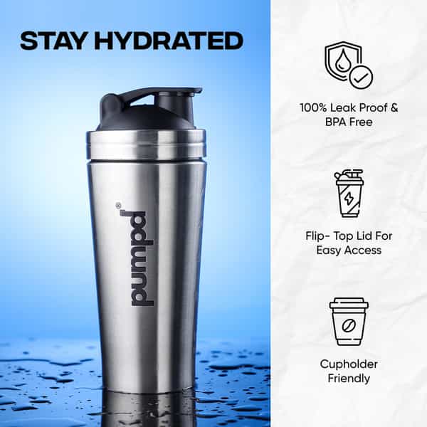 Pumpd Stainless Steel Protein Shaker Bottle With Blender Ball 750Ml | Silver