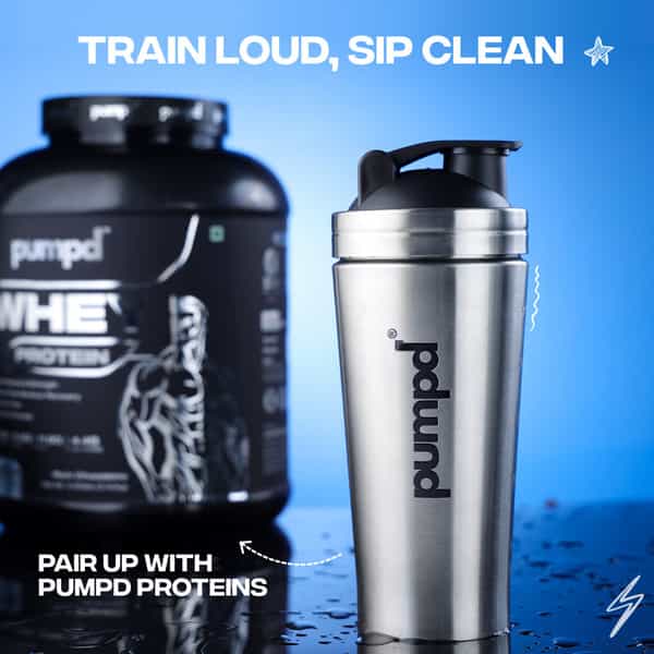 Pumpd Stainless Steel Protein Shaker Bottle With Blender Ball 750Ml | Silver