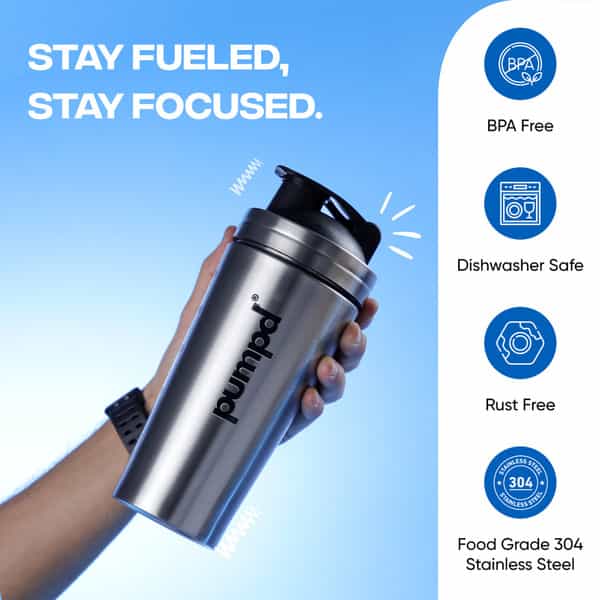 Pumpd Stainless Steel Protein Shaker Bottle With Blender Ball 750Ml | Silver