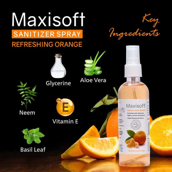 Maxisoft Refreshing Orange Sanitizer Spray | Aloe Vera Neem & Vitamin E (120 Ml Pack Of 8)