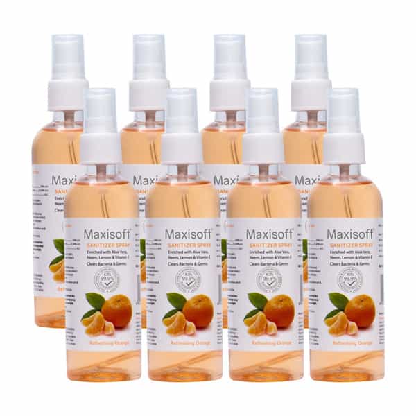 Maxisoft Refreshing Orange Sanitizer Spray | Aloe Vera Neem & Vitamin E (120 Ml Pack Of 8)