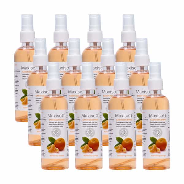 Maxisoft Refreshing Orange Sanitizer Spray | Aloe Vera Neem & Vitamin E (120 Ml Pack Of 8)