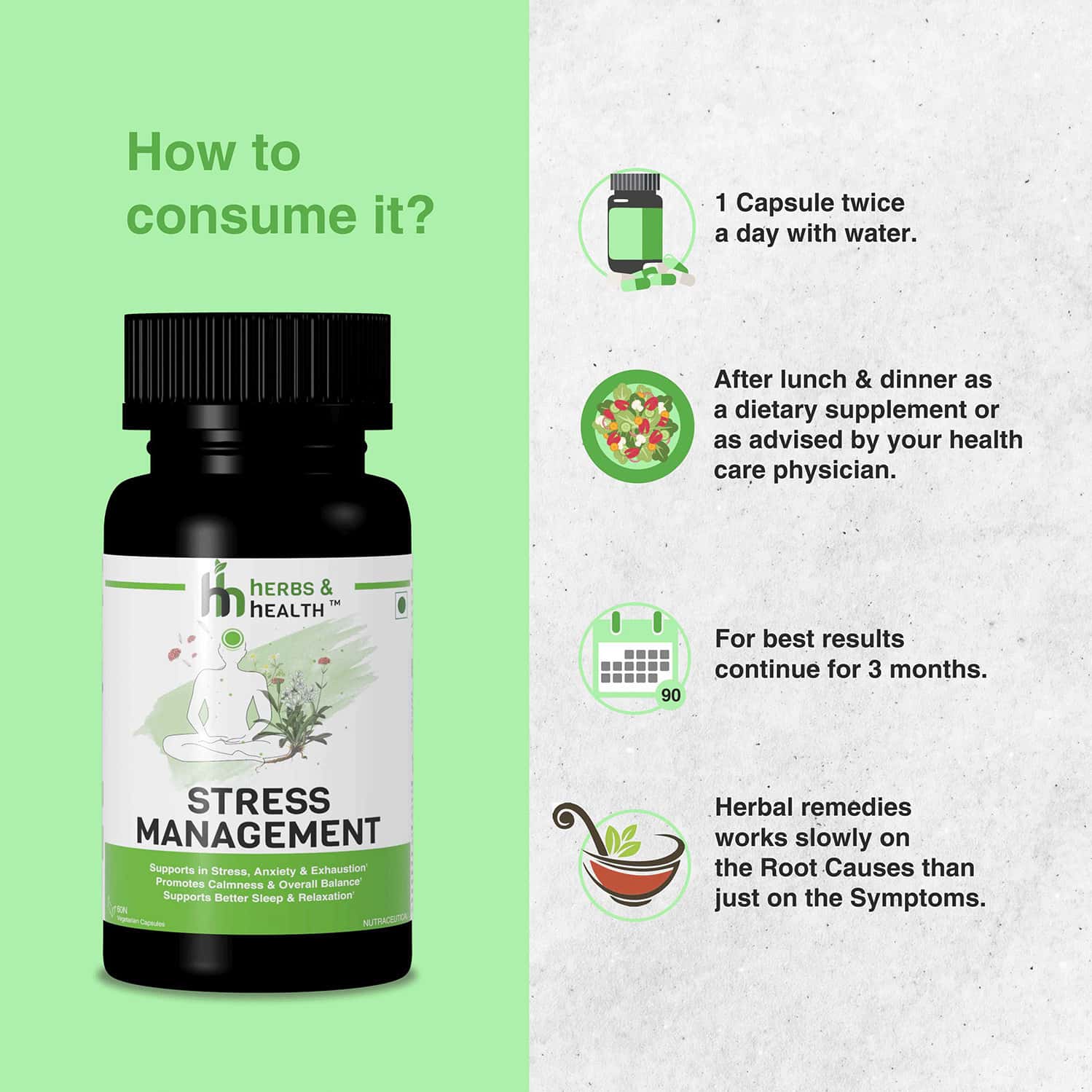 Buy HERBS & HEALTH STRESS MANAGEMENT RELIEVES STRESS ANXIETY & EXHAUSTION 60 CAPS Online