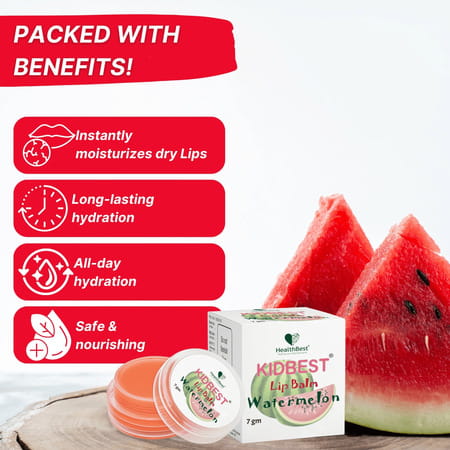 Healthbest Kidbest Lip Balm For Kids|Extra Nourishing|Dry & Damaged Lips|Watermelon Flavor|7gm