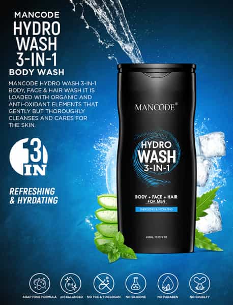 Mancode Hydro Wash 3 In 1 ( Body+Face+Hair ) | 450Ml