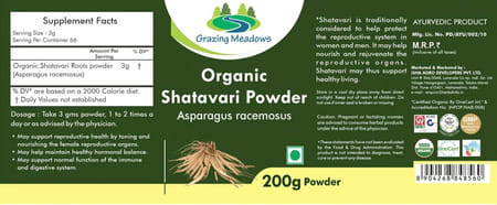 Grazing Meadows Organic Shatavari Powder (Asparagus Racemosus) - 200gms Useful For Women'S Wellness