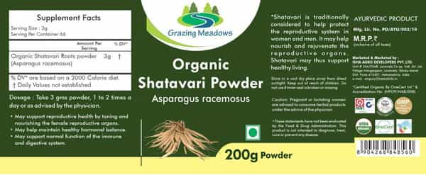 Grazing Meadows Organic Shatavari Powder (Asparagus Racemosus) - 200Gms Useful For Women's Wellness