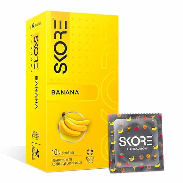 Skore Dotted Flavour Condoms (Banana) 10N (Pack Of 4) And Hard Rock Gel Sachet Free