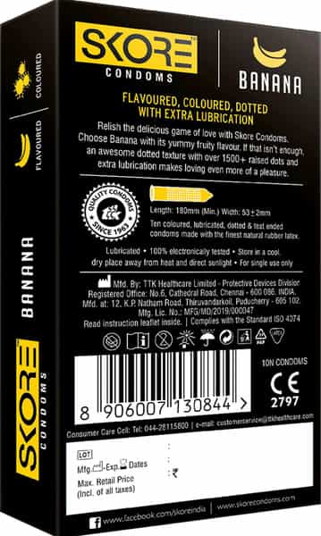Skore Dotted Flavour Condoms (Banana) 10N (Pack Of 4) And Hard Rock Gel Sachet Free