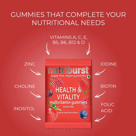 Nutriburst Health&Vitality Multivitamins & Biotin|Natural Mixed Berry Flavour|Pack Of 15(30 Gummies)