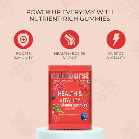 Nutriburst Health&Vitality Multivitamins & Biotin|Natural Mixed Berry Flavour|Pack Of 15(30 Gummies)