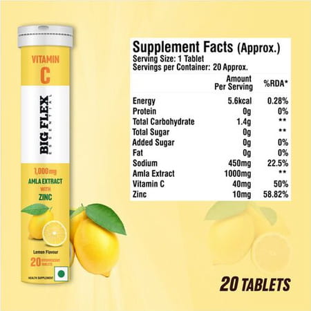 Bigflex Vitamin-C 1000Mg Natural Amla Extract + 10Mg Zinc|Pack Of 4 (80 Fizzy) Tabs|Orange & Lemon