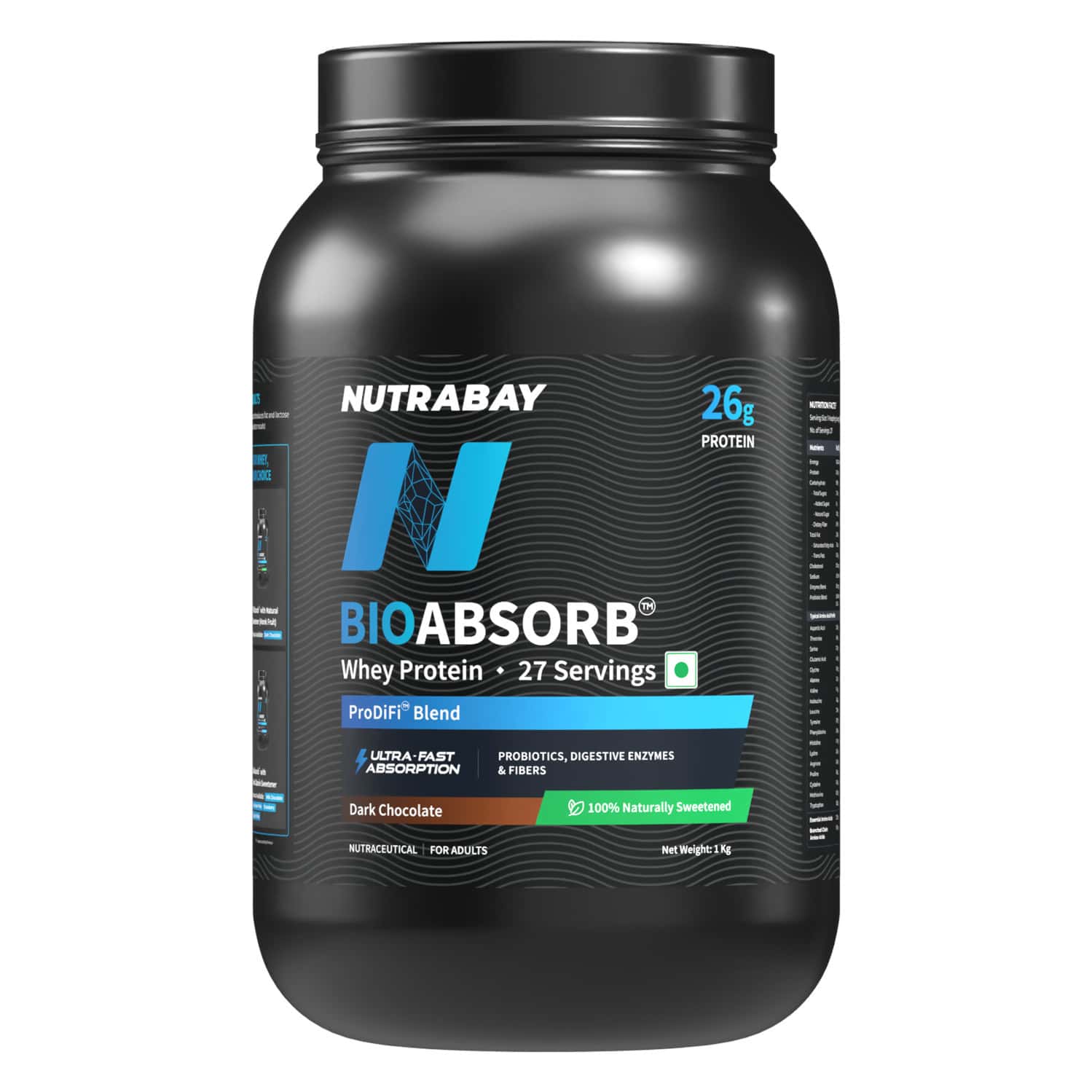 Nutrabay Bioabsorb Whey Protein Powder | Prodifi Blend | 26g Per Scoop | Dark Chocolate - 1kg