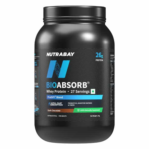 Nutrabay Bioabsorb Whey Protein Powder | Prodifi Blend | 26G Per Scoop | Dark Chocolate - 1Kg